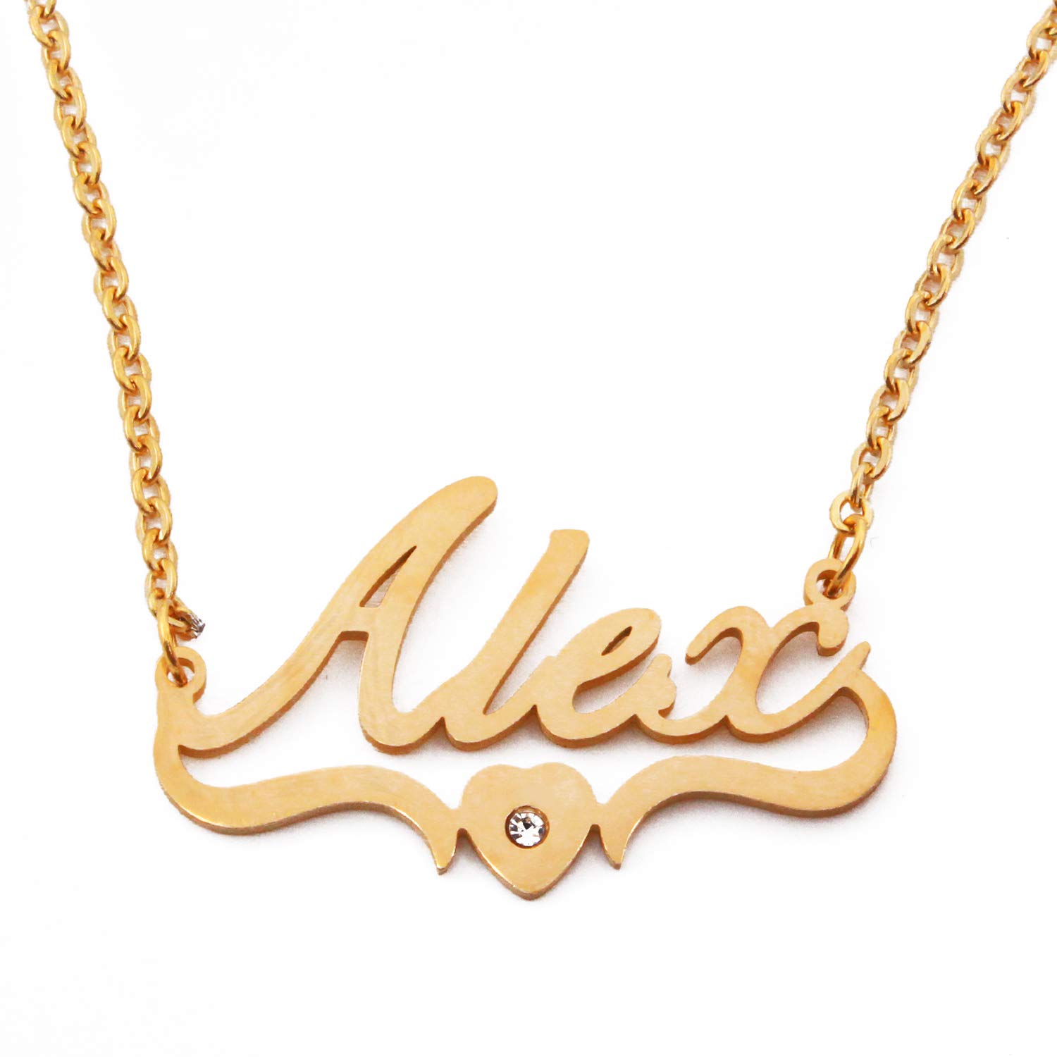 Kigu Alex Name Necklace Heart Shaped Personalised Gold Plated, Custom Dainty Name Pendants, Jewellery for Ladies, Girlfriend, Mother, Sister, Friends Inc Bag & Box