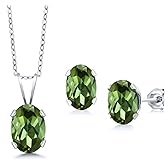 Gem Stone King 925 Sterling Silver Green Tourmaline Pendant Earrings Jewelry Set For Women | 1.70 Cttw | Gemstone October Birthstone | Oval 7X5MM | with 18 Inch Chain