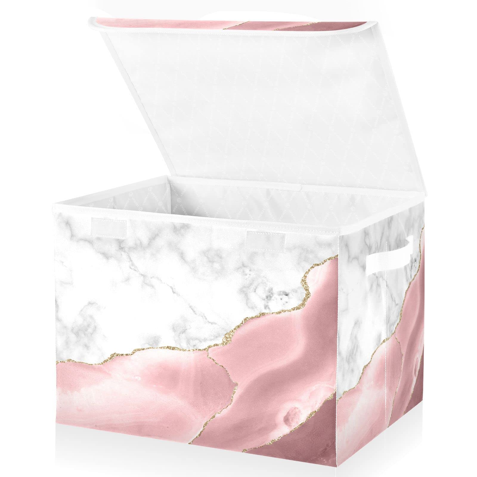 Mnsruu Storage Boxes with Lids, Rose Gold Marble Gilt Large Storage Basket Organizer Shelves Cube Bin Toy Clothes Underbed