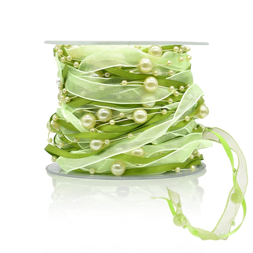Photo 1 of 10M ArtificialBead Pearl Ribbon Chiffon Ribbon and Organza Lace Trims for Wedding Flower Christmas Tree Decoration Sewing Craft Packaging (Green)