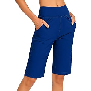 Fhstroonace Womens Bermuda Shorts High Waist Knee Length Shorts | Stretch Comfy Lightweight Breathable, Pull On Elastic Waist