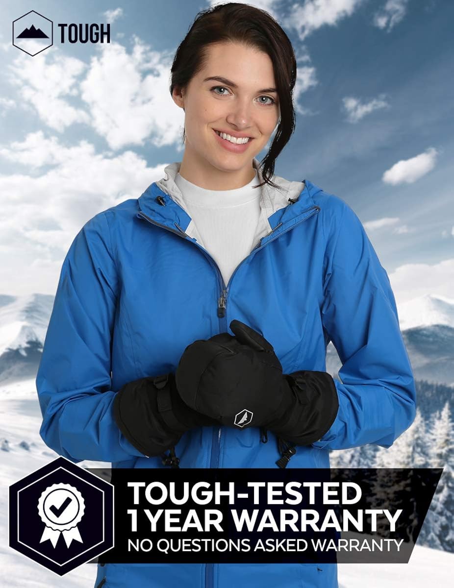 Winter Ski Mittens for Men & Women - Warm Adult Snow Mitts for Cold Weather - Waterproof Gloves Designed for Snowboarding, Skiing, Shoveling & Other Outdoor Sports - with Wrist Leashes : Clothing