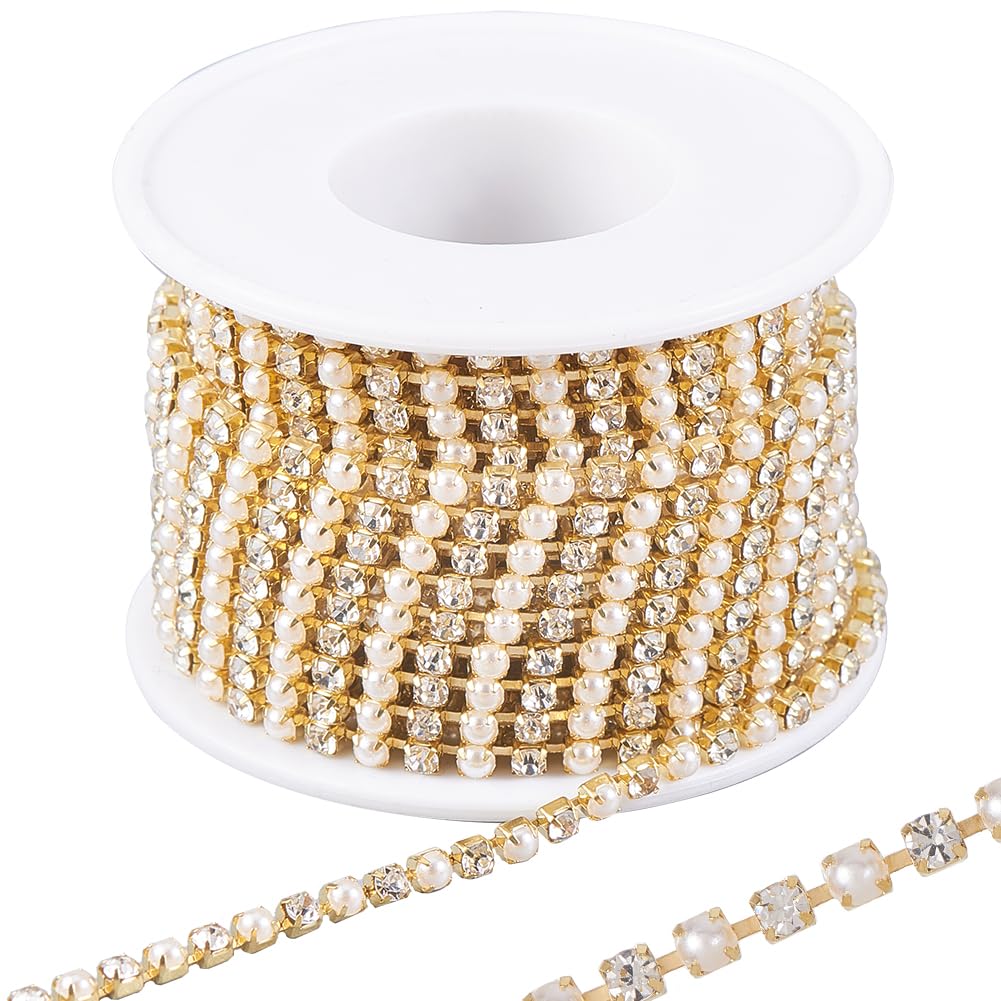 GORGECRAFT 10M 3MM Rhinestone Pearl Chain Claw Pearl Rhinestone Trim Sparkling Crystal Rhinestones Faux Pearl Close Chain Applique Banding in Golden Base for DIY Sewing Crafts Jewellery Making
