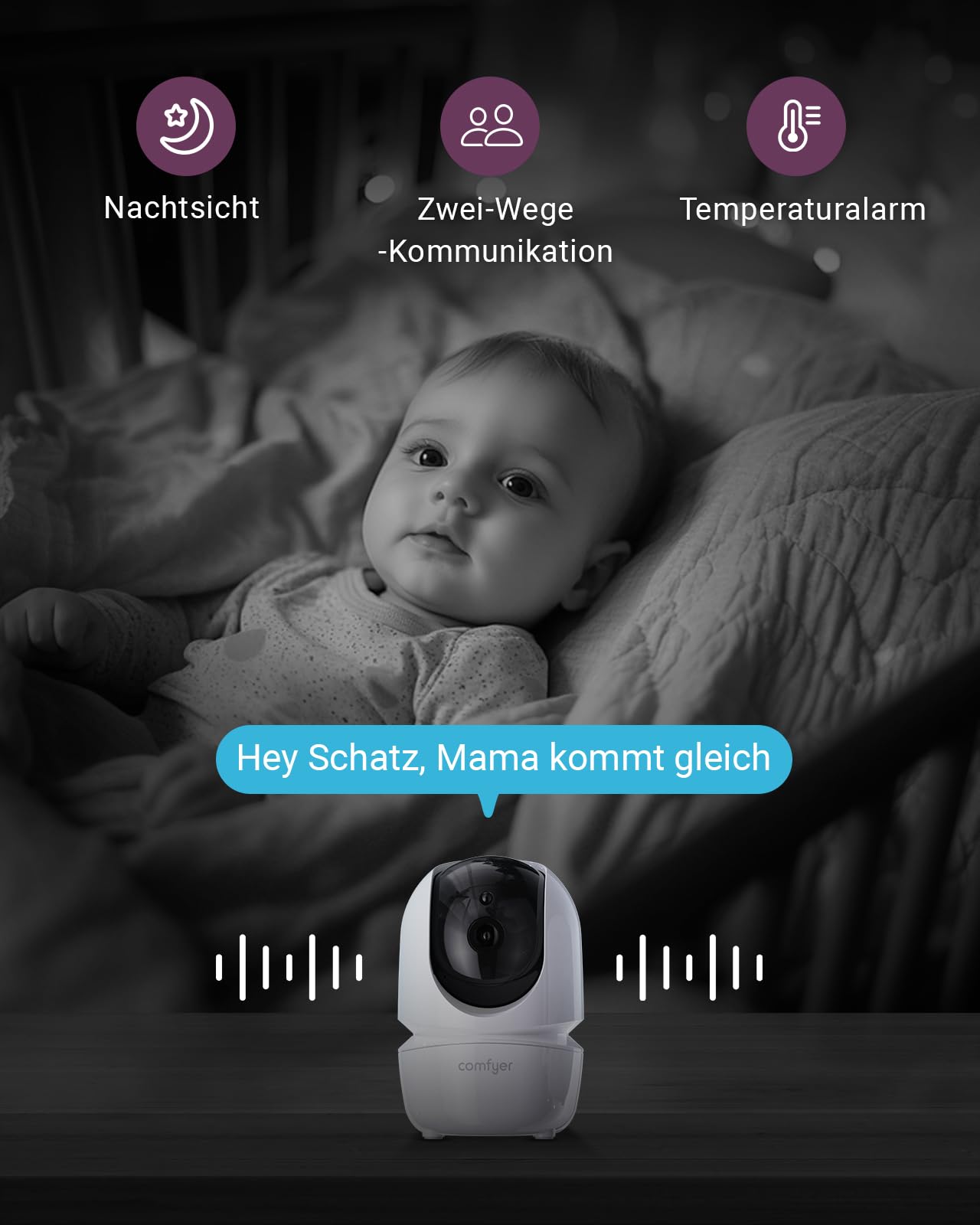 Comfyer BM01 Split-Screen Babyphone mit 2 Kameras, 7" HD 720P ohne WLAN mit Halterung, IR-Nachtsicht VOX-Modus mit Sound-Alarm 2-Wege-Audio 6000mAh 300M Reichweite Videoüberwachungsgerät 6