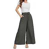 KICZOY Wide Leg Casual Pants Women Elastic Drawstring Waisted Palazzo Cropped Trousers Baggy Slacks with Pockets