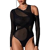 MakeMeChic Women's Y2K Cut Out Mesh Sheer Bodysuits Long Sleeve Round Neck Tee Shirt Asymmetrical Top