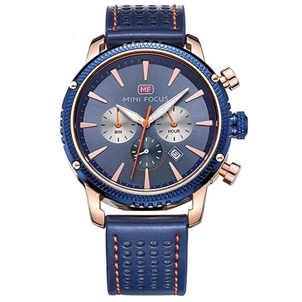 Bernsuisse Minifocus Japanese Quartz Genuine Leather Real Chronograph Waterproof Wrist Watch for Men - 0010 Blue