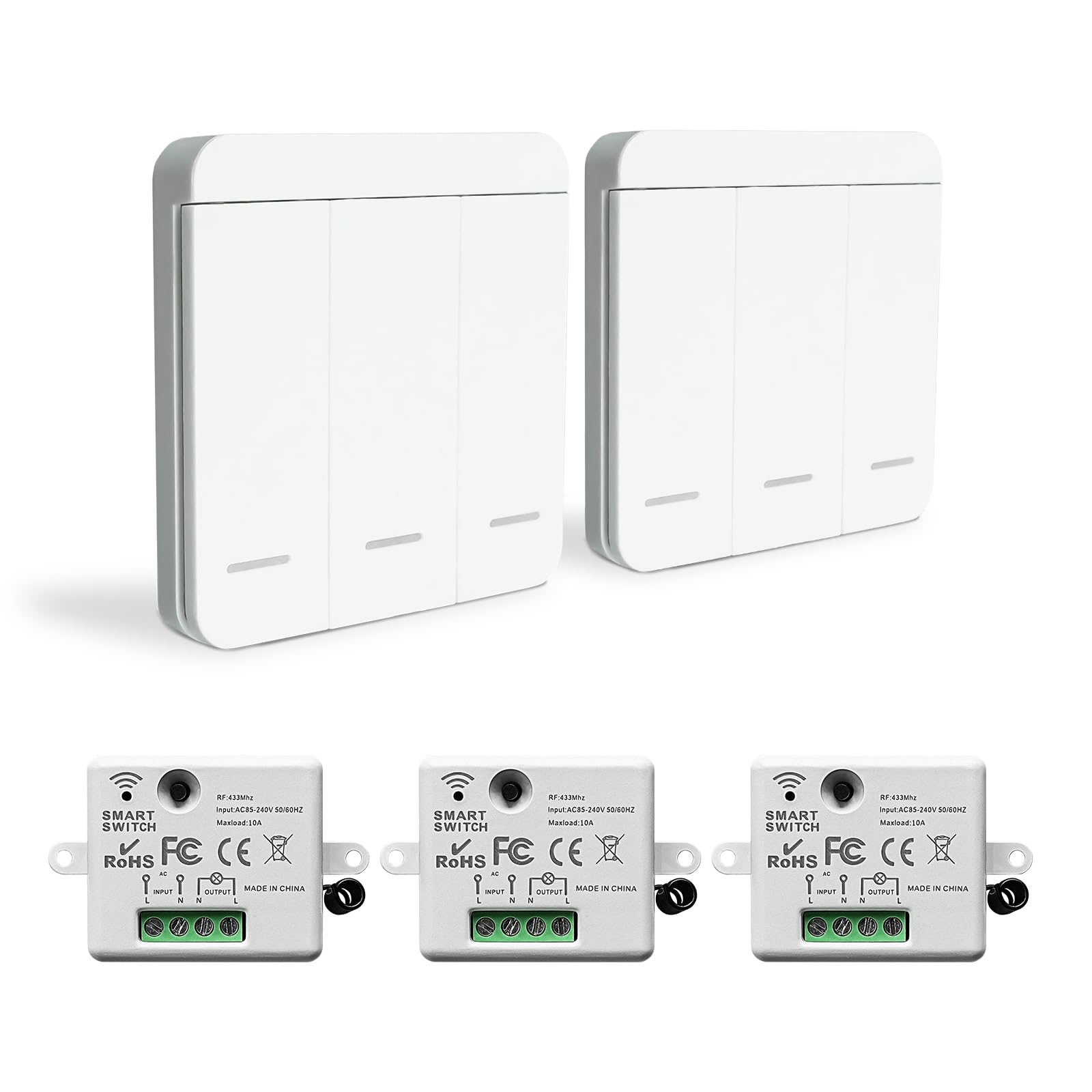 Wireless Light Switch Wireless Light Switch Kit 86 Wall Panel RF Safety Switch and 10 Amp Relay receiver controller, No Wiring Easy Install, for Lights up to 1500W（3 Receiver and 2 Switch） — image 1