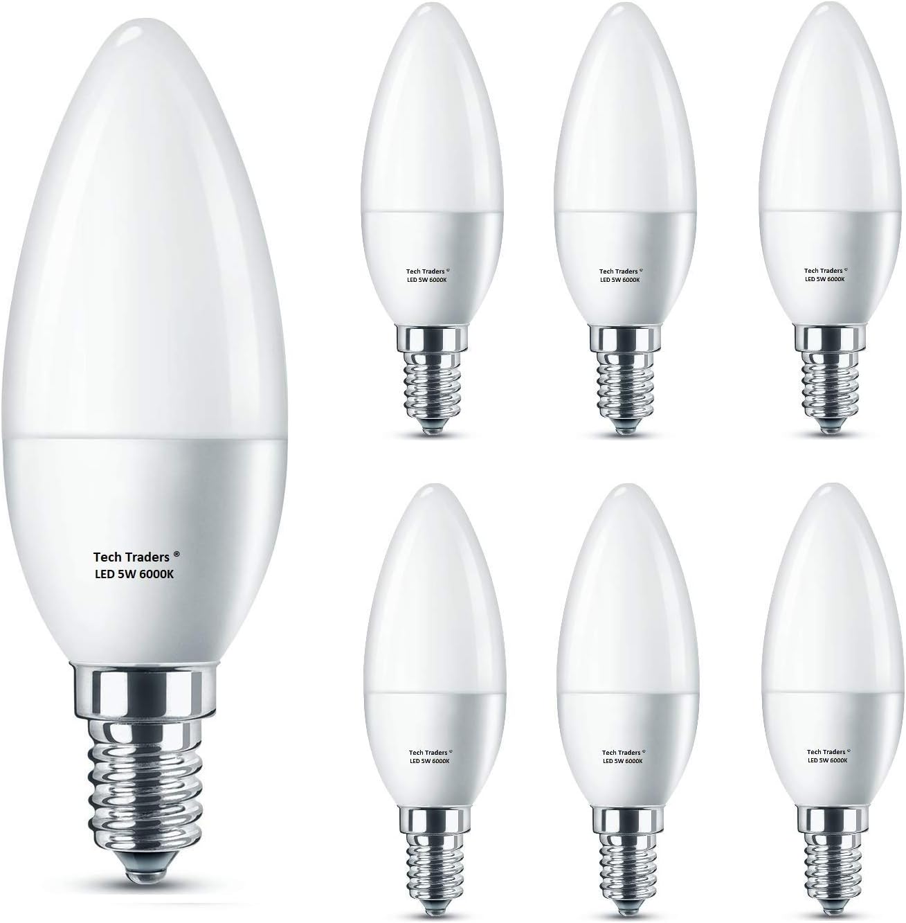 E14 LED Candle Lights,Tech Traders C37 E14 LED Bulbs, 6000K Cool White,5W C37 (SES) Small Edison Screw Candle Bulb