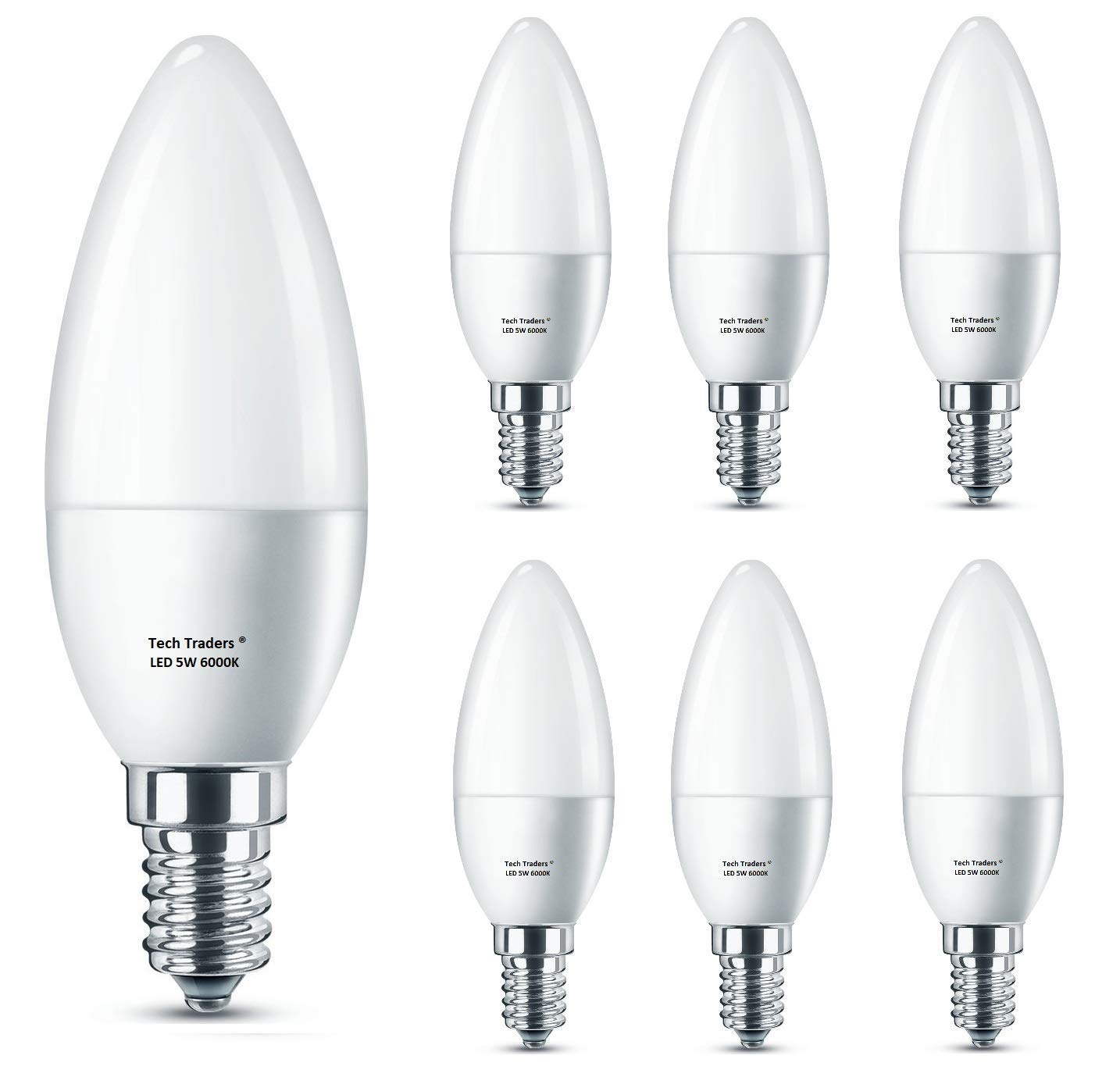 E14 LED Candle Lights,Tech Traders C37 E14 LED Bulbs, 6000K Cool White,5W C37 (SES) Small Edison Screw Candle Bulb, Equivalent to 50W Incandescent Bulb, Non-Dimmable, 400Lm, 160°Beam Angle, 6-Pack