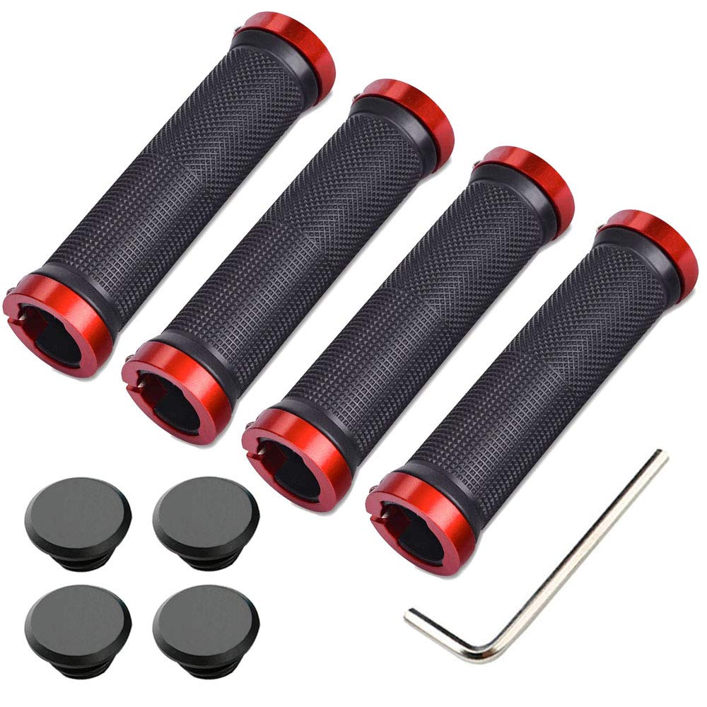 Aiqeer Handlebar Grips, 2 Pairs Anti-Slip Rubber Bike Grips with Aluminum Double Lock, for MTB BMX (Red)