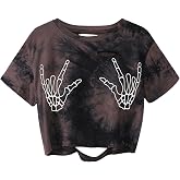 Avanova Women Skull Finger Graphic Distressed Tee Shirt Ripped Short Sleeve Crop Tops