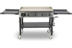 Pit Boss PB757GD Four Burner LP Fold Over Side Shelves 36" Gas Flat Top Griddle with Fitted Cover, 4 Deluxe, BLACK