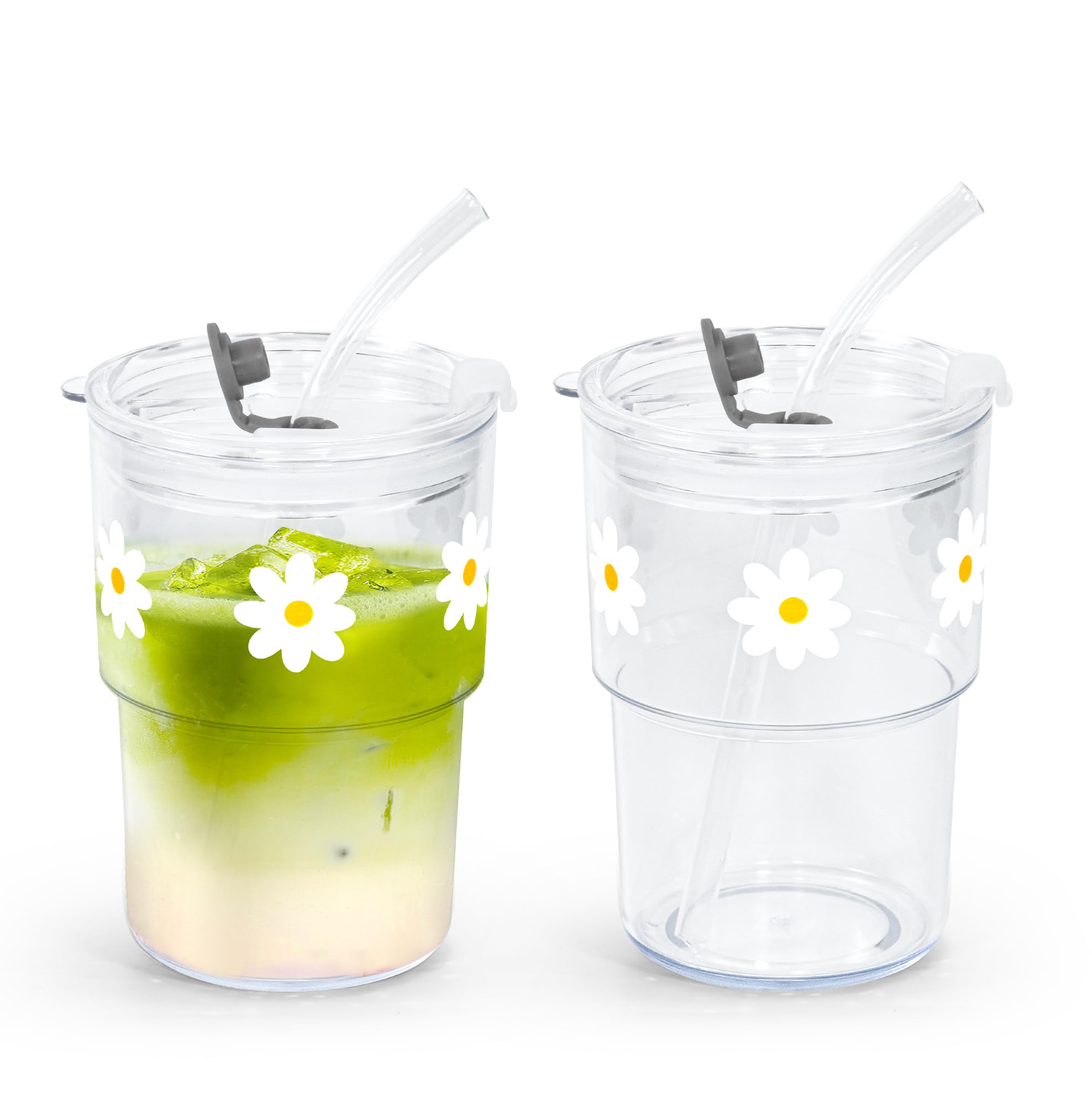 Photo 1 of Icesip 15 oz Daisy Plastic Iced Coffee Cups with Lids and Straws Set of 2, Unbreakable Drinking Glasses Coquette Aesthetic Reusable Matcha Glass to Go Cup for Tea Smoothie Juice Dishwasher Safe