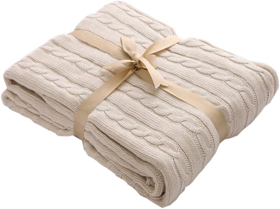 LakeMono Knitting Throw Blanket, Fashion Handmade Super Soft Warm Twist Cotton Cable Crocheted Sleeping Cover Blanket Rug for Kid or Adult Bedroom Sofa/Bed/Couch/Car/Quilt Living Room/Office (Beige)