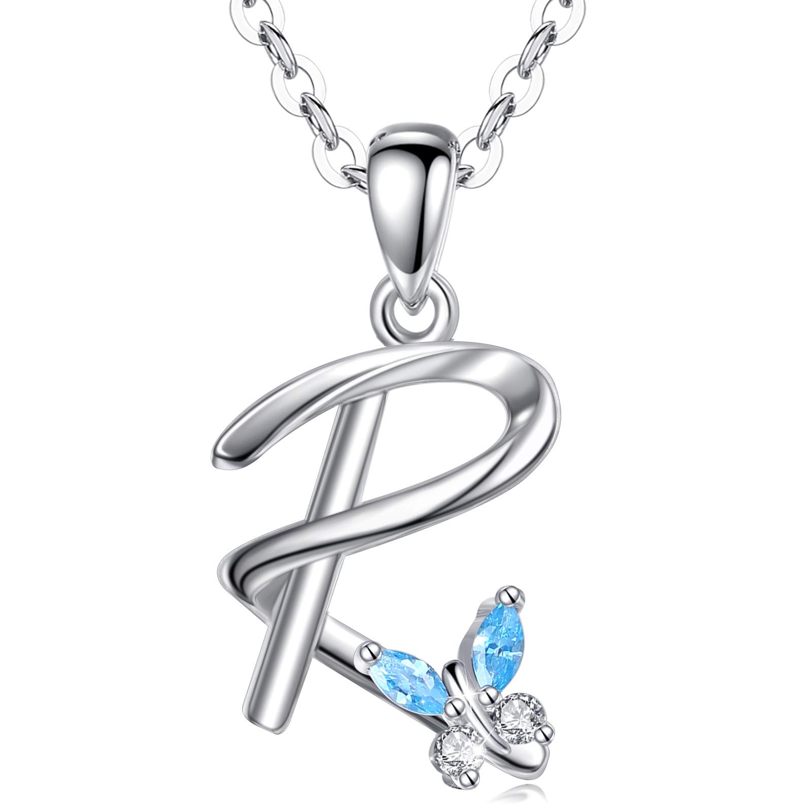 EUDORA Harmony Ball 925 Sterling Silver Initial Butterfly Necklace for Women, R Alphabet Letter Personalised Pendant with Blue Cubic Zirconia Mother's day Gifts for Mom Ladies, 18"