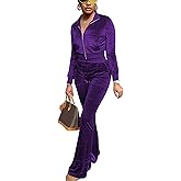 FIVCAT Women Velour Sweat Suits 2 Piece Outfits Tracksuits Long Sleeve Zip Up Jacket Flare Pants Cute Casual Matching Suit