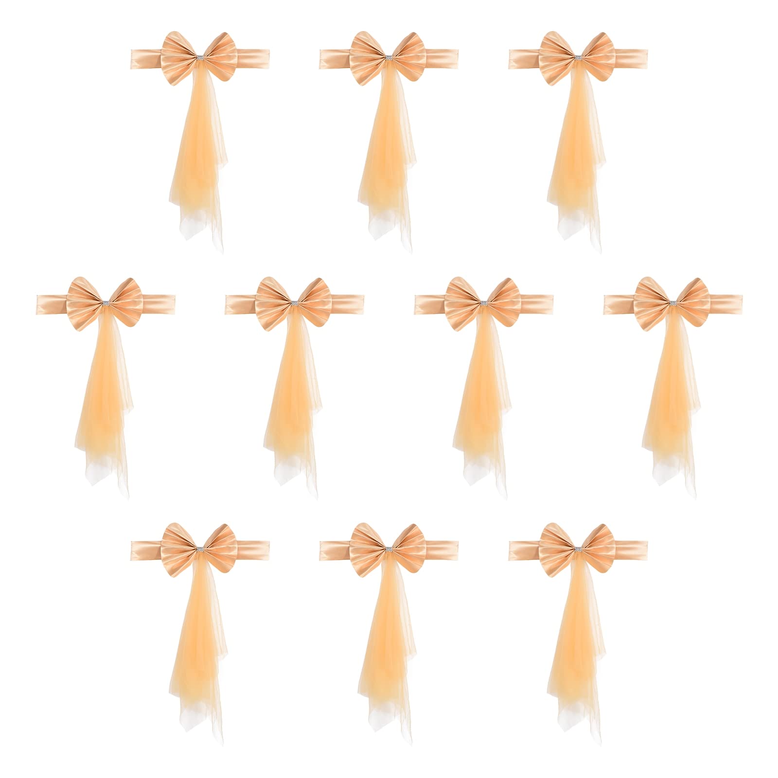 PATIKIL Stretch Satin Chair Sashes Bows, 12 Pack Chair Bands Decoration with Mesh Yarn Floating Tied for Wedding Banquet Events, Champagne