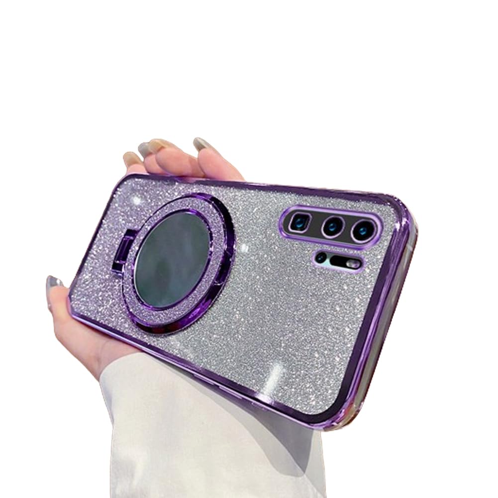 IMEIKONST Glitter Case for Huawei P30 Pro, Plated Flash Shell Makeup Mirror Ring Stand Function Camera Protector Shockproof Transparent TPU Cover for Huawei P30 Pro. Purple DSJ
