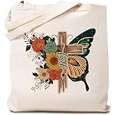 Christian Canvas Tote Bags for Women - Flower Butterfly Faith Cross Shoulder Bag - Christian Gift