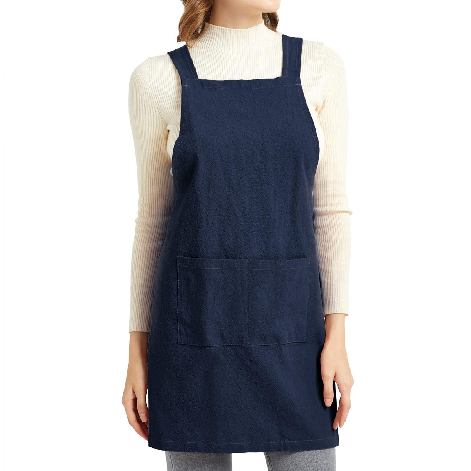 ELEZAY Aprons for Women with Pockets Plus Size Comfort Cross Back No Tie Cotton Linen Apron Pinafore for Cooking Painting Floral Arrangement Gardening Cleaning Small, Navy — image 1