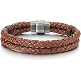 COOLSTEELANDBEYOND Braided Leather Bangle Bracelet for Men Women Genuine Leather Wristband with Magnetic Clasp