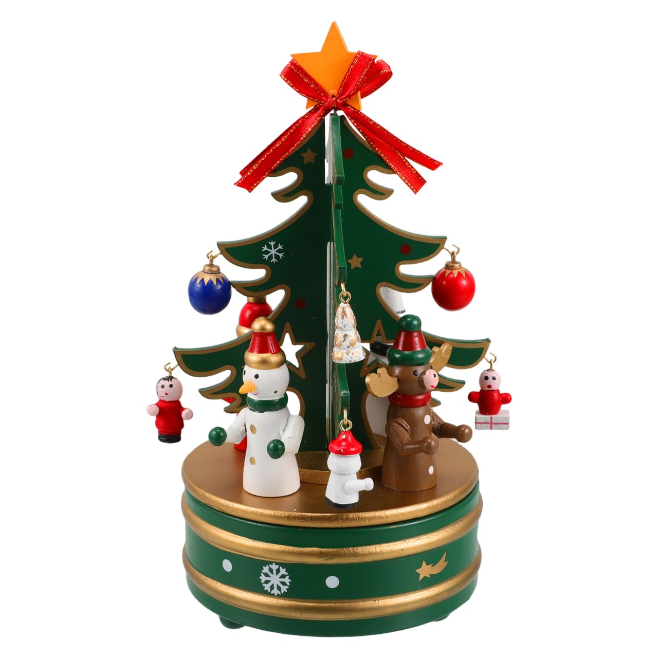 Cabilock Christmas Tree Music Box Decoration Desktop Christmas Wooden Musical Box Figurine with Snowman Rotating Wind Up Wooden Melody Box Ornaments for Holiday Festival