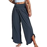 CUPSHE Women Pants Smocked Waist Straight Leg Ruffle Cuffs Loose Fit Pant Casual Beach
