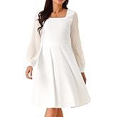 Seta T Women's Long Sleeve Dresses Square Neck High Waist Flowy Casual Knee Length Dress with Pockets Fall Clothing