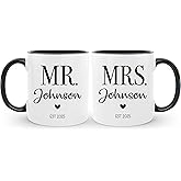 HomeBee Personalized Mr & Mrs Coffee Mug Set | Customized Couple Gift Set for Engagement, Wedding, Anniversary, Valentine's Day | Custom Name Ceramic Tea Cup | 11 oz (White - Black)