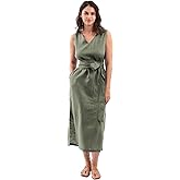 Amazhiyu Womens 100% Linen Summer V-Neck Midi Dresses Sleeveless with Pockets