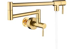 Fransiton Brushed Gold Pot Filler, Pot Filler Faucet Wall Mount, Brass Folding Stretchable with Double Joint Swing Arm Single Hole Two Handles Kitchen Restaurant