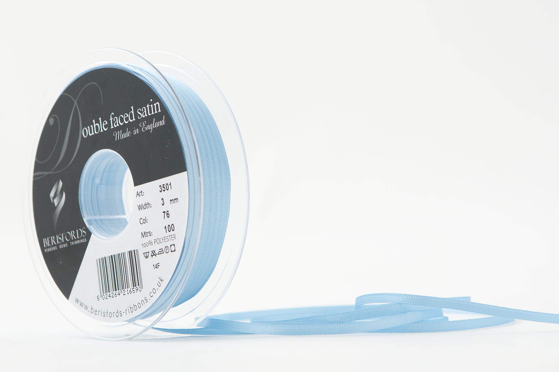 Berisfords Double Faced Satin Ribbon, Cornflower, 3 mm Width, 100 metre Length