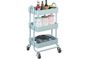ELITEHOUSE 3-Tier Rolling Cart with Wheels,Kitchen Storage Carts or Metal Rolling Utility Cart with Handle,Movable Storage Organizer,Blue Carts for Nursery, Kitchen, Bathroom, Craft Room（13.4"x18.1"x31"）