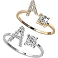 RINHOO 2PC/Set Initial Letter Alphabet Knuckle Rings A-Z Silver and Gold Crystal Adjustable Finger Ring for Women Jewelry