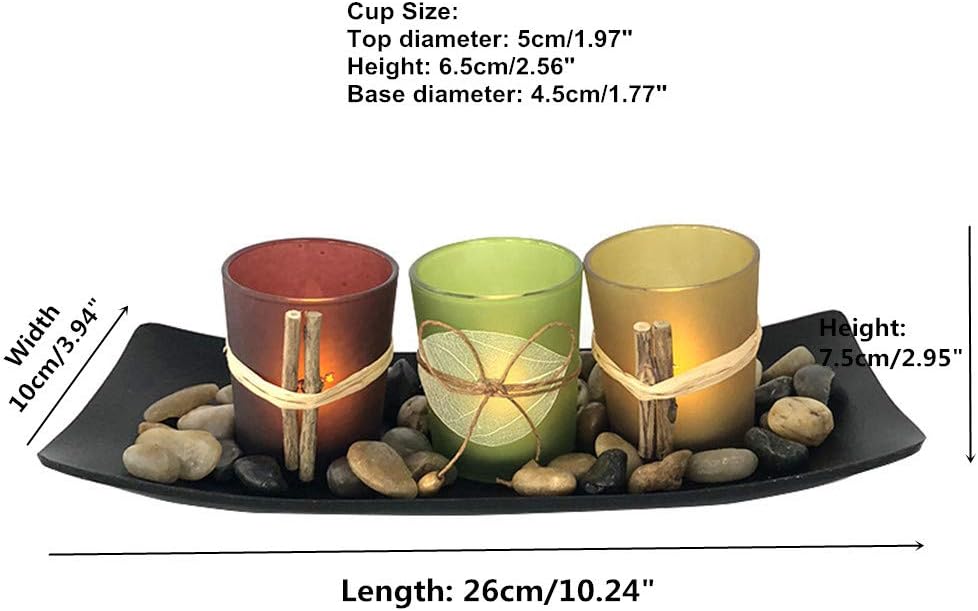Lovecat Votive Glass Candlestick Cup Set, Natural Candlescape Tealight Holder Set, 3 Candleholder Cups with Wooden Tray Stones, Home Decor Candle Holders: Home & Kitchen