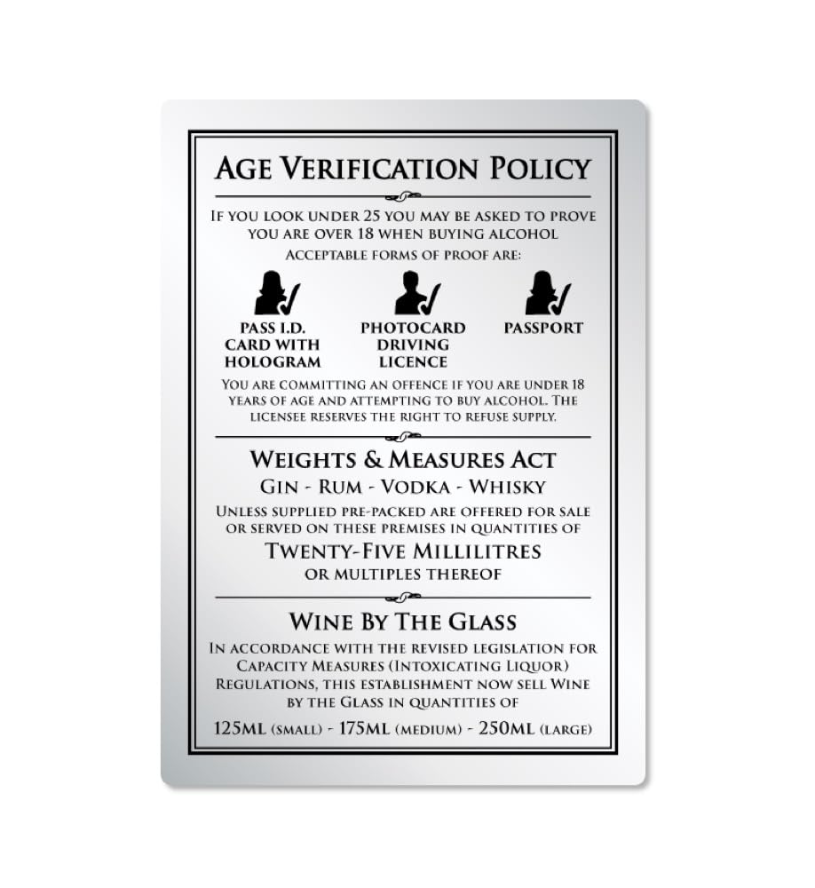 25ml 3 in 1 Alcohol Law Sign Silver Pub Bar Restaurant Licensing Notice Under Age Wine Underage