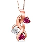 Gem Stone King 18K Rose Gold Plated Silver Lab Grown Diamond and Red Created Ruby Pendant Necklace for Women | 1.64 Cttw | Gemstone April Birthstone | Heart Shape 5MM | With 18 Inch Chain