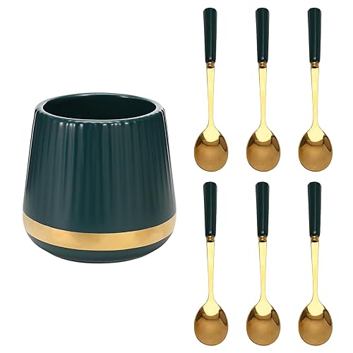 6PCS Coffee Spoons with Ceramic Jar Holder, Small Stainless Steel Gold Tea Spoons, Mini Dessert Spoons Set for Fruit, Stirring, Mixing, Sugar, Ice Cream, Cake (Dark Green)