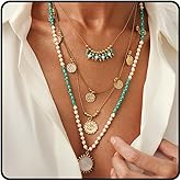 LANWLOSI Western Layered Boho Necklaces for Women Bohemian Turquoise Beaded Necklaces Stack Gold Silver Sun Coin Pendant Neck-lace Western Country Concert Jewelry Cowgirl Outfits Accessories
