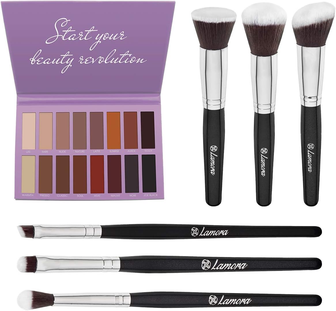 16 Colors Pure Matte Eyeshadow Palette plus 6 pc Basic Brush Set with 3 Face Brushes and 3 Eyeshadow Brushes