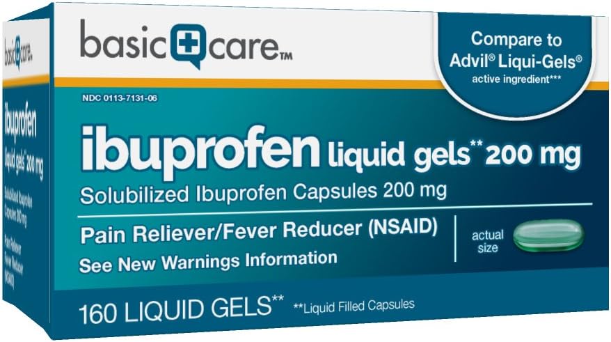  Basic Care Ibuprofen Liquid Gels 200 mg, Pain Reliever/Fever Reducer (Liquid Filled Capsules), 160 Count: Health & Personal Care
