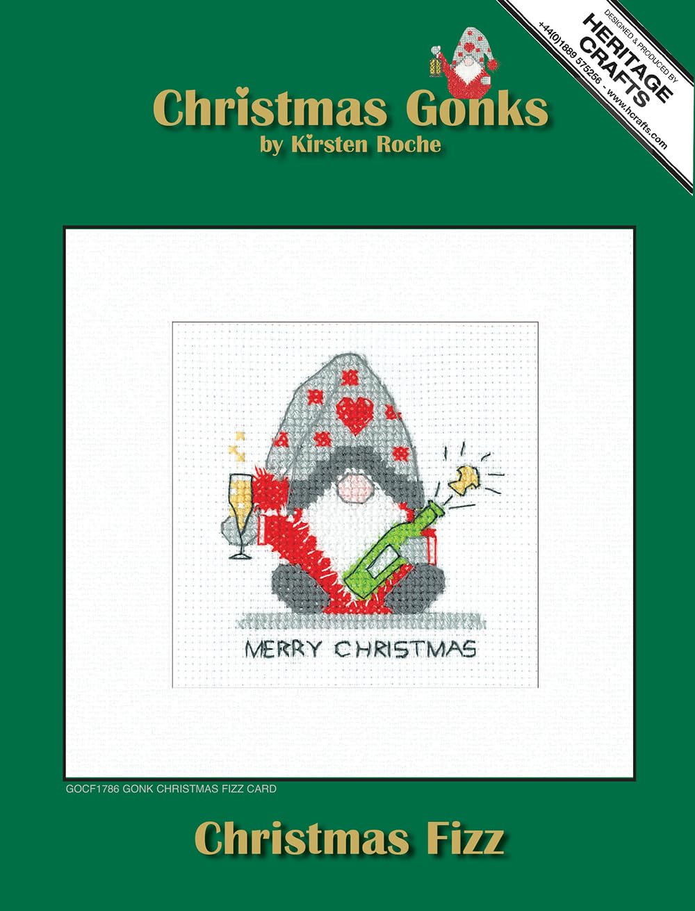 Heritage Crafts Gonk - Christmas Fizz - Counted Cross Stitch Christmas Card kit by Kirsten Roche