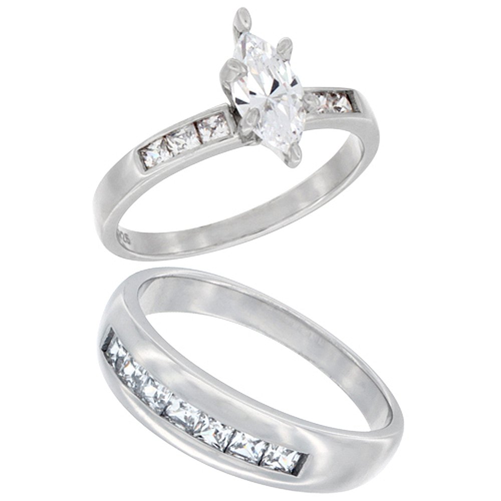 Sterling Silver Cubic Zirconia Engagement Rings Set for 6 mm Him & Hers 11 mm Classic Channel Design