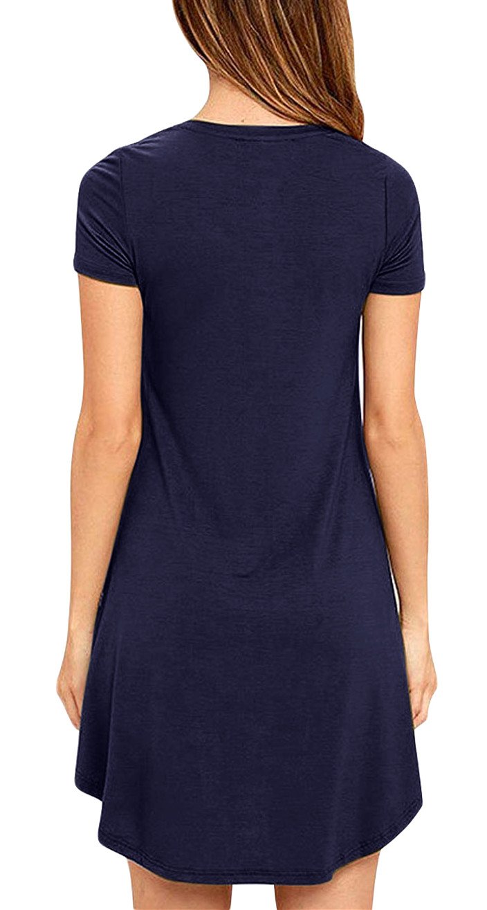 Eanklosco Womens Casual Short Sleeve Plain Pocket V Neck T Shirt Tunic Dress (Navy Blue, L)