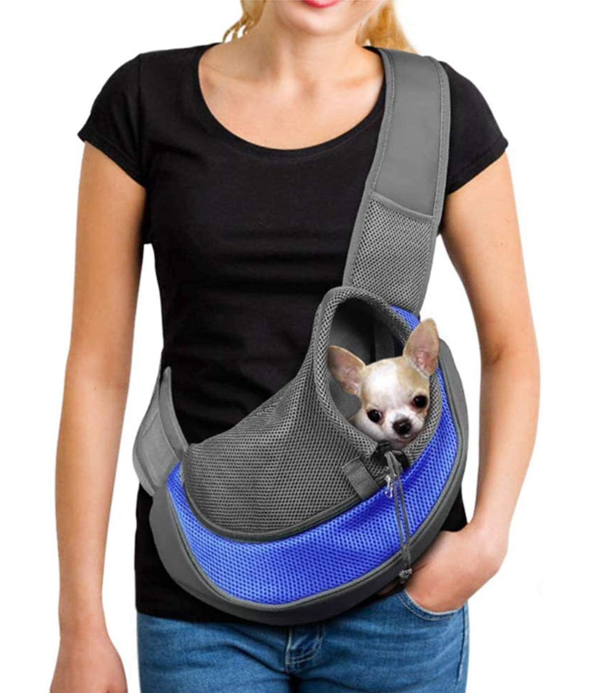 Small Dog Puppy Sling Carrier, Hands-Free Cat Carry Bag Mesh Pet Dog Papoose Pouch Tote Adjustable Padded Shoulder Pet Sling with Pocket & Collar Hook Pet Safety Carrier for Daily Walking Subway,L