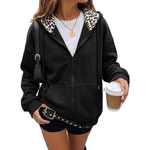 Dokotoo Women's Zip Up Hoodies Long Sleeve Leopard Hooded Sweatshirt Tops | Leopard Fleece Sweatshirt, Fall Jacket with Pocke