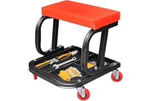 Japard Rolling Garage Shop Seat, 222 lbs Mechanic Stool with Tool Tray Padded Seat Wheels, Roller Seat for Garage, Car Motor Vehicle Maintenance, Black and Red