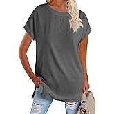 Zeraly Women's Round Neck Solid Color T-Shirt Side Slit Casual Short-Sleeved Summer Sports Tunic Top