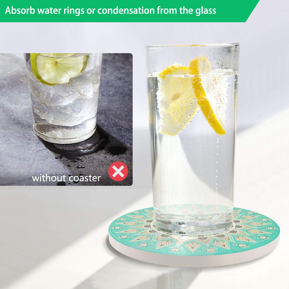 Kidac Absorbent Ceramic Coasters for Drinks with Protective Cork Base - Mandala Style (4 Pieces)